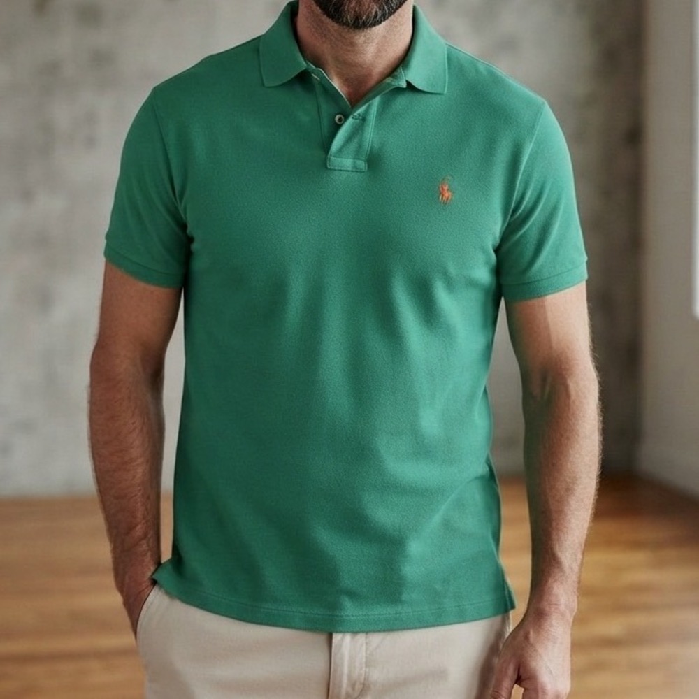 Vintage Polo Ralph Lauren Men XL Aqua Short Sleeve Cotton Polo Shirt Orange Pony